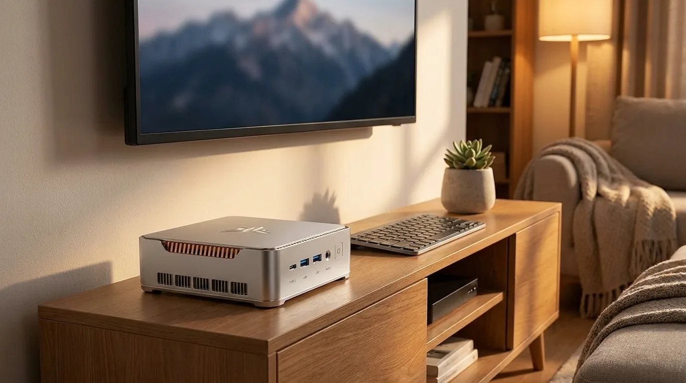 A silver mini PC on a wooden TV console beneath a wall-mounted TV in a living room
