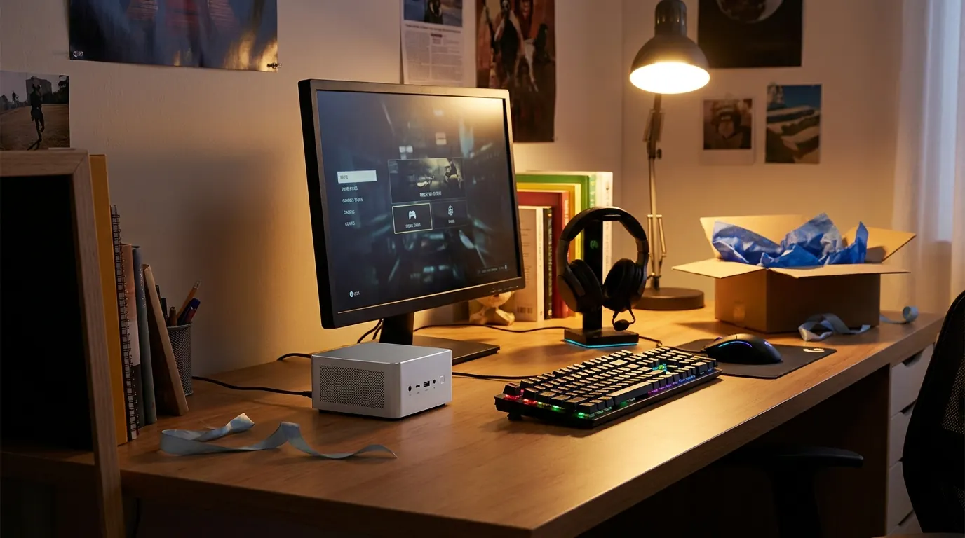 A compact silver mini PC on a teenager's desk beside a monitor, gaming keyboard and headset, with an opened gift box