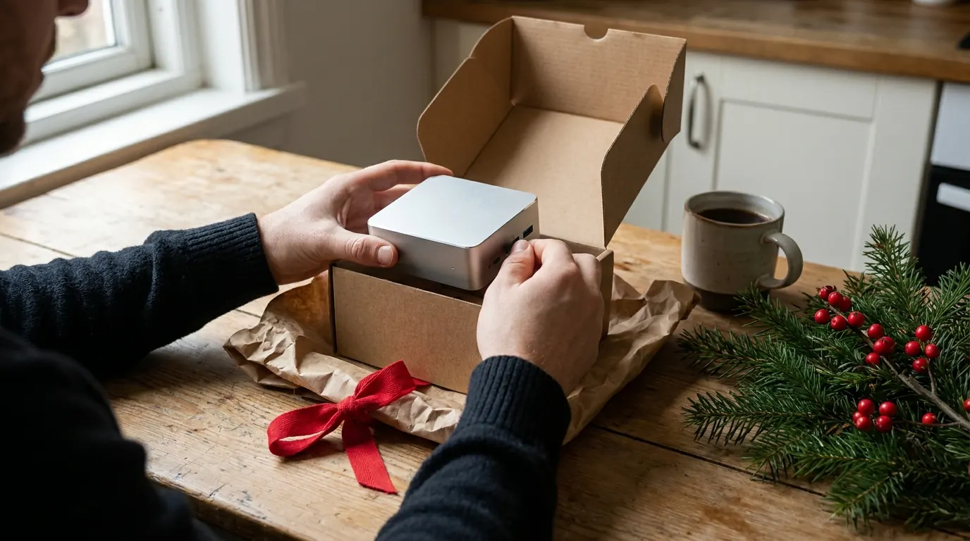 Hands lifting a small mini PC out of a kraft paper gift box with a red ribbon on a kitchen table