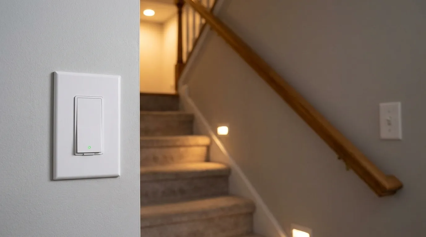 A white smart switch at the bottom of a lit staircase, the classic 3-way location